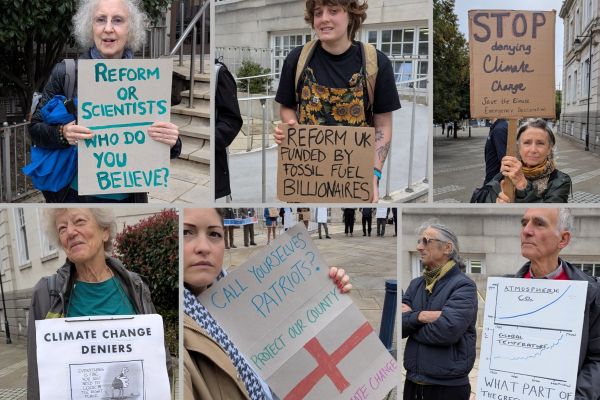 Protestors holding signs e.g. 'Reform or Scientists - who do you believe?'