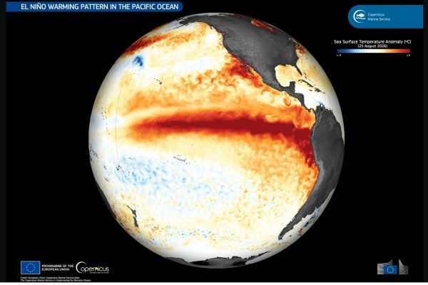 Map showing heat in eastern Pacific due to El Nino