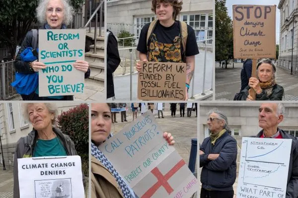 Protestors holding signs e.g. 'Reform or Scientists - who do you believe?'