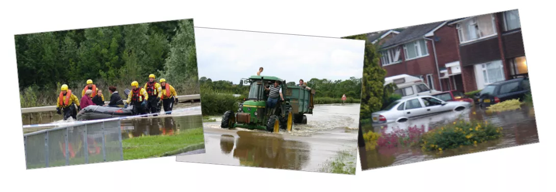 Flood photos - rescue boat, tractor and flooded houses and car
